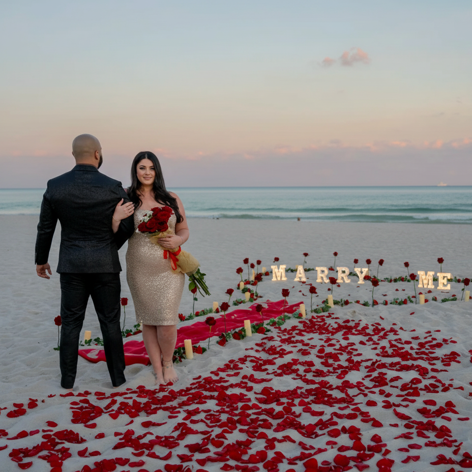 A couple, dressed in formal attire, stands barefoot on a sandy beach with the ocean and a sunset sky behind them. The woman is holding a bouquet of red roses, and there is a romantic decor setup on the sand with roses, candles, and a red carpet leading to the