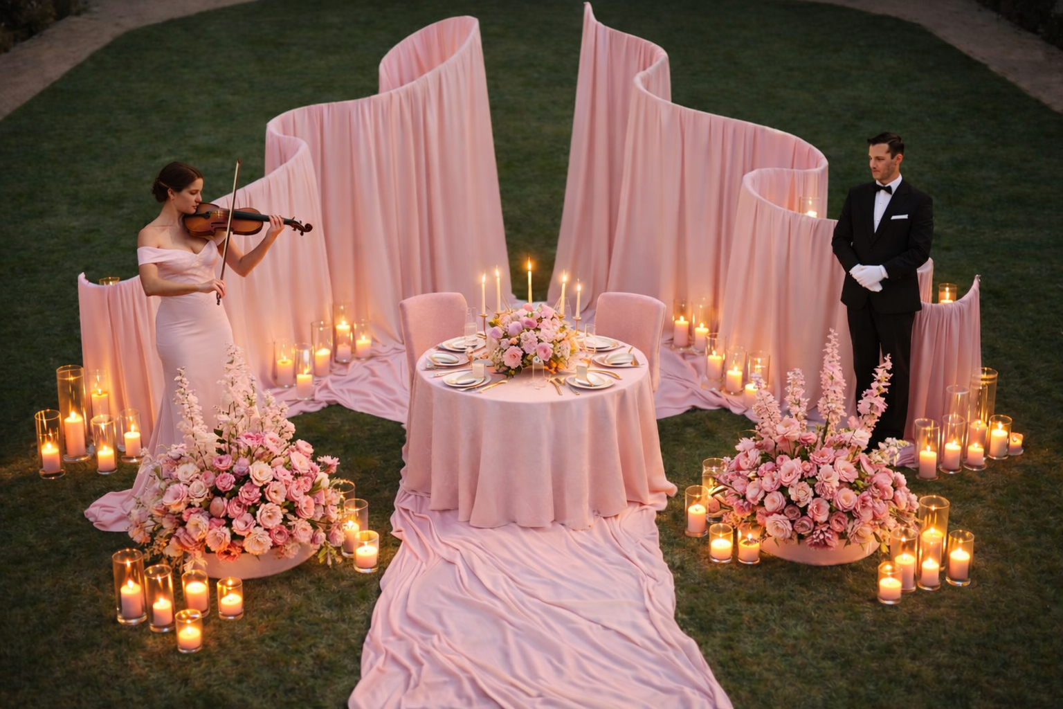 Elegant pink-themed dinner on lush lawn.png