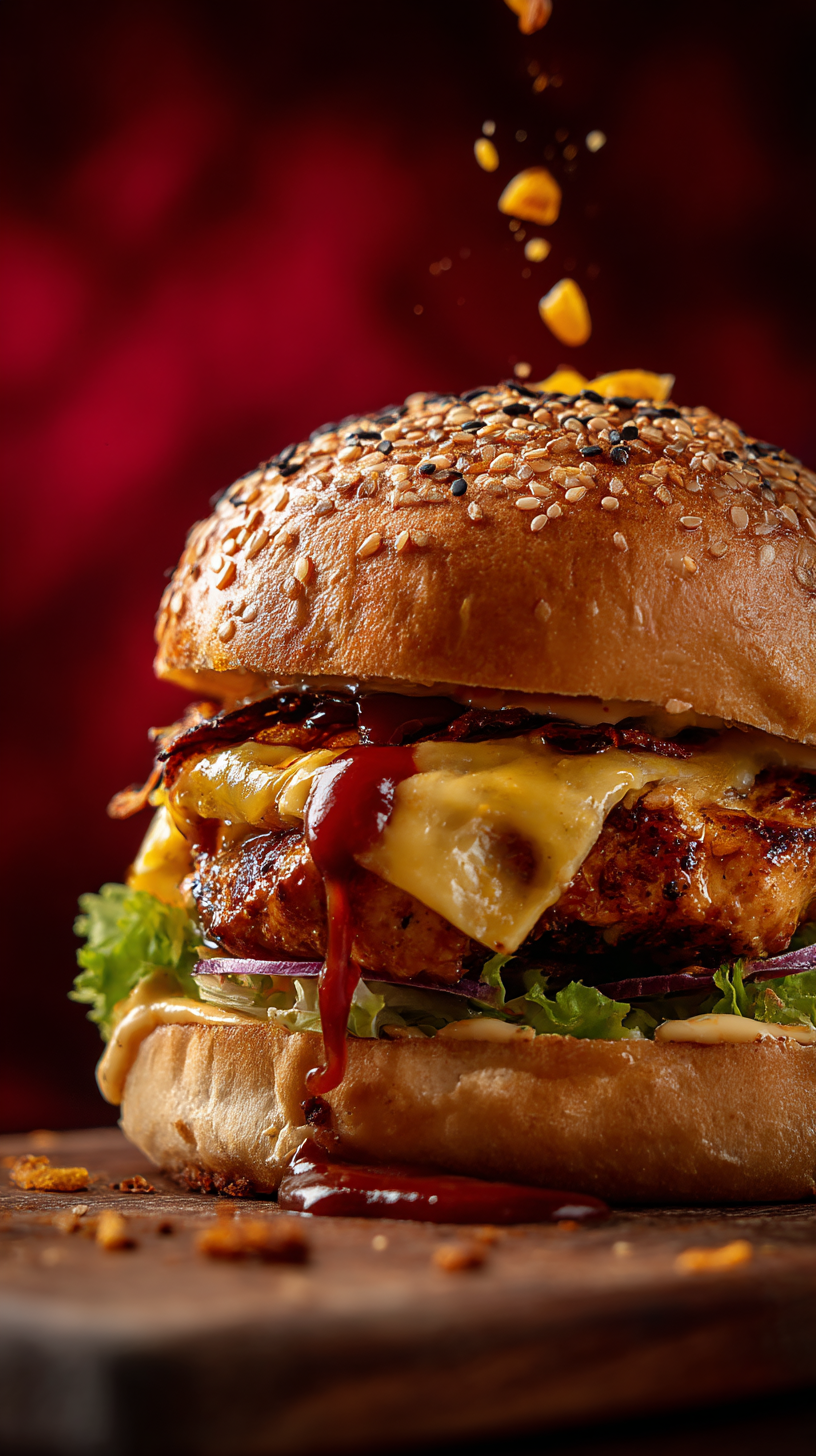 Close-up of a gourmet cheeseburger with a sesame seed bun, lettuce, red onions, melted cheese, a beef patty, bacon, ketchup, and mustard, with cracked yellow pepper falling onto it.