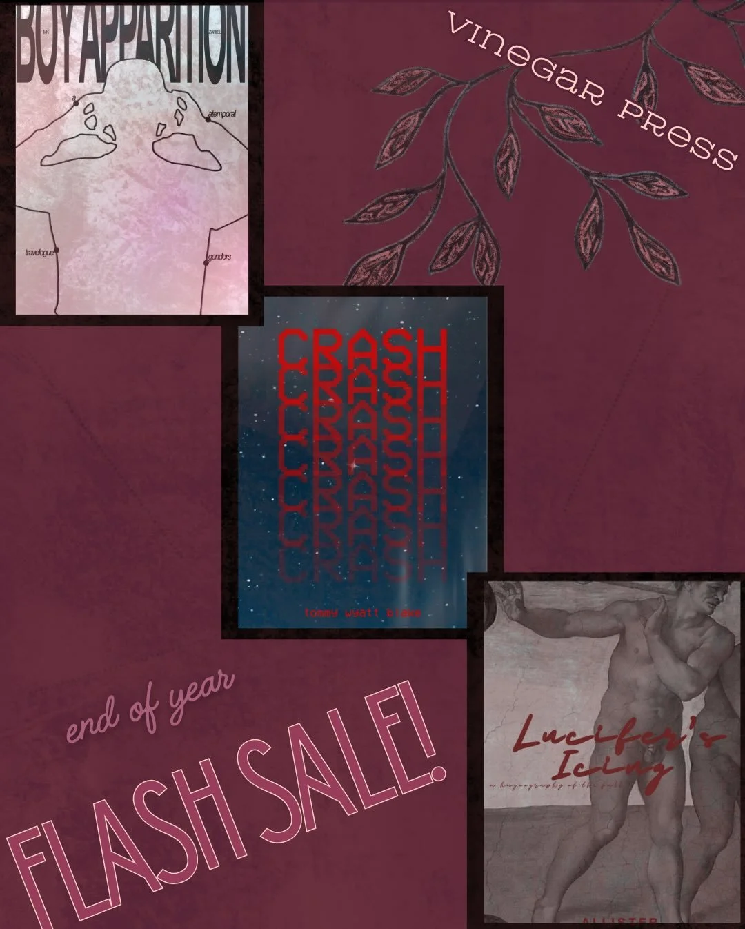 ✨ end of year flash sale ✨
our chapbooks are crashing through time, body, grief, love, and rebellion &mdash; and they&rsquo;re BUY ONE GET ONE FREE now through 1/2/26
if you&rsquo;ve been meaning to grab Boy Apparition, CRASH, or Lucifer&rsquo;s Icin