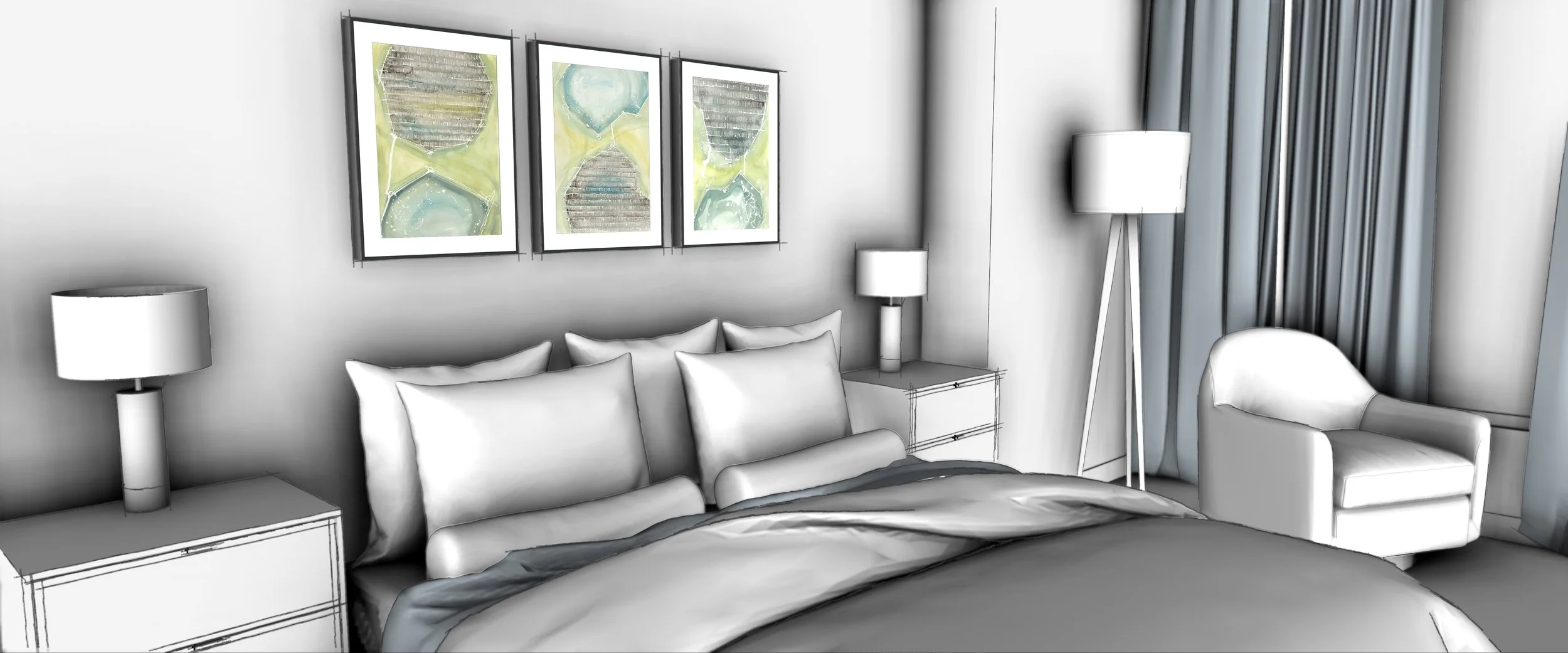 A bedroom with a bed, side tables, lamps, framed artwork, an armchair, and curtains.
