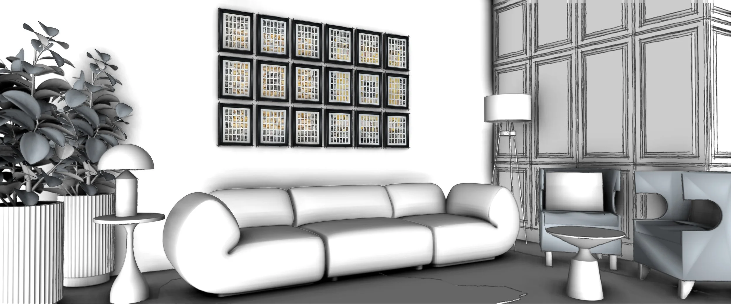 Modern living room with a white sofa, side table with lamp, potted plant, framed artwork on the wall, and a corner with built-in cabinetry and a chair.