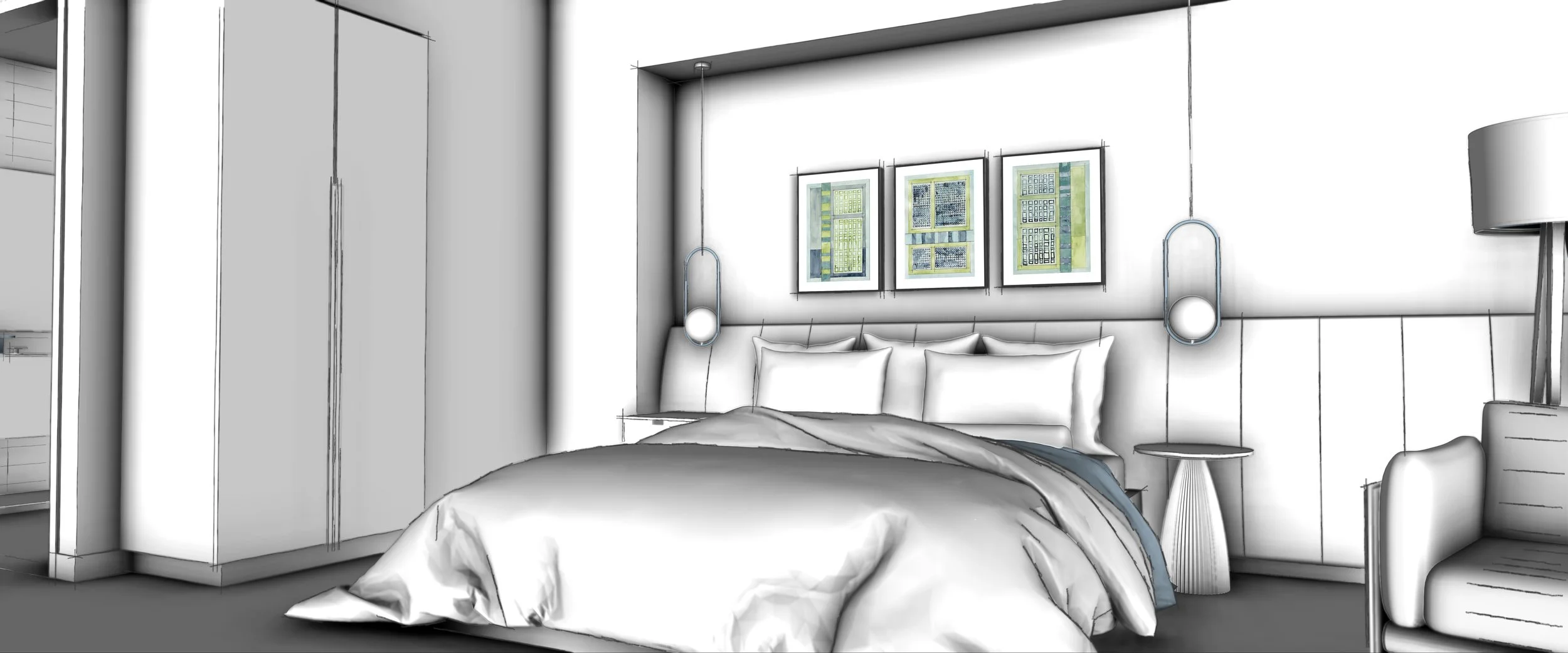 A digitally rendered bedroom with a bed, nightstands, framed art, hanging pendant lights, a chair, and a lamp.