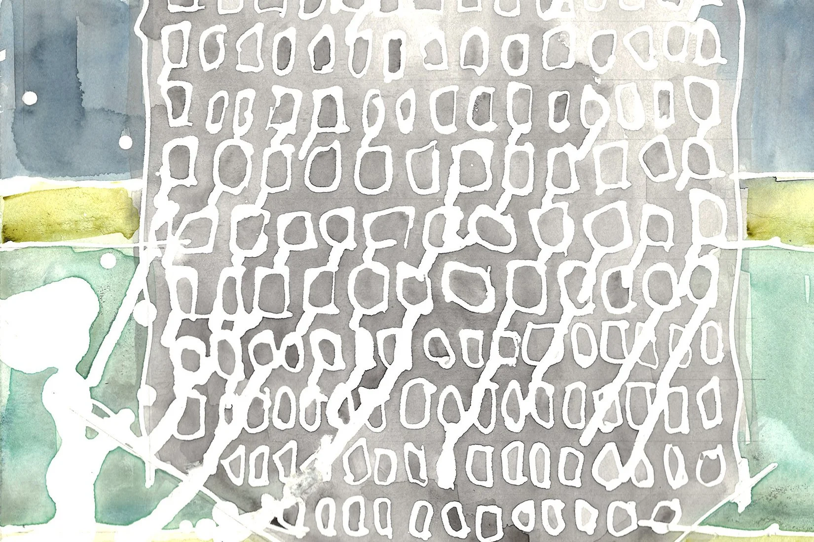 Abstract watercolor painting featuring a grid of peppered, irregularly shaped white outlines on a gray background, with splashes of green and yellow watercolor on the edges.