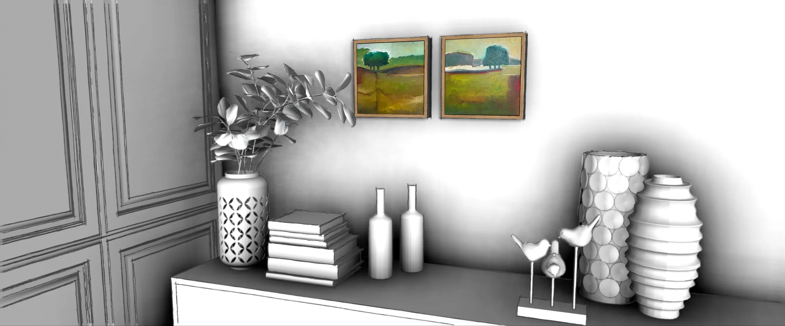 Decorative interior shelf with paintings, vases, sculptures, and houseplants.