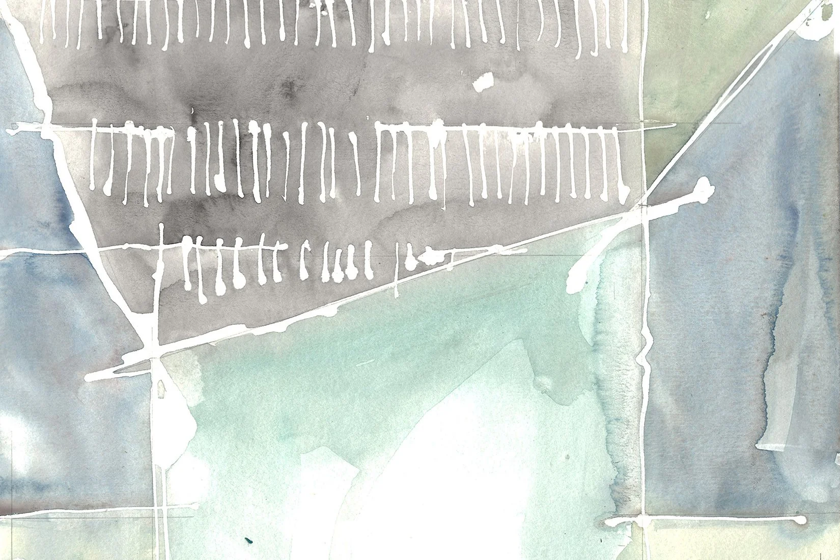 Abstract watercolor painting with geometric shapes and lines, primarily in shades of blue, gray, and white.