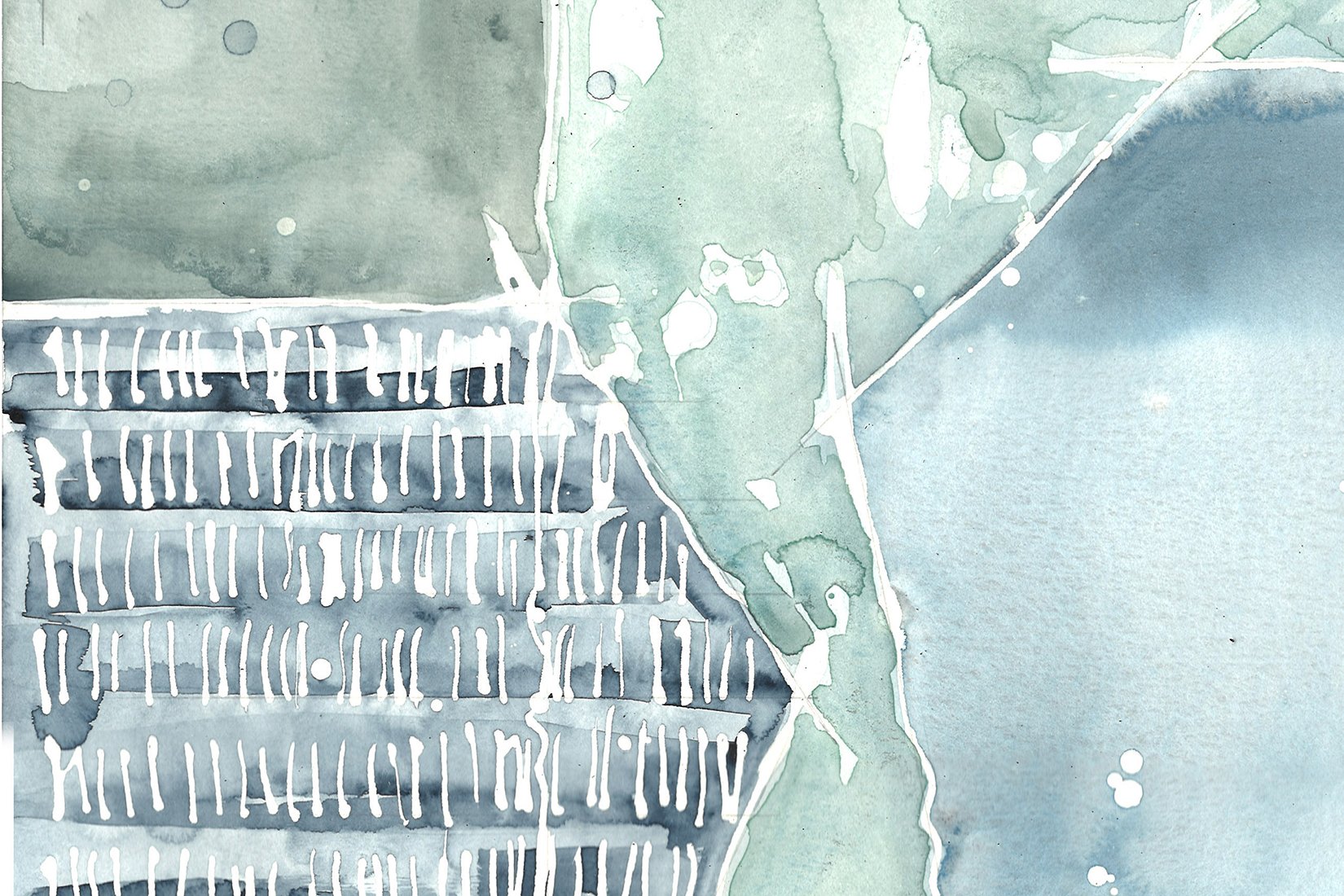 Abstract watercolor painting featuring shades of blue, green, and gray with linear and organic patterns.