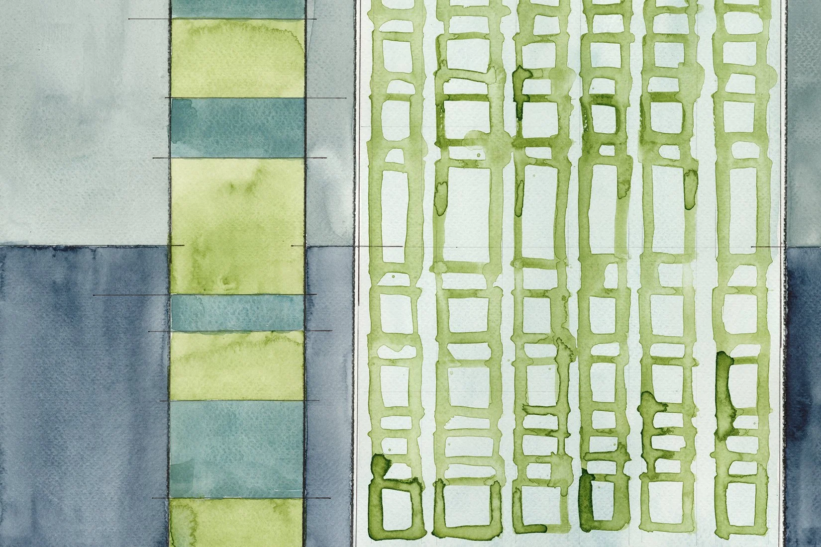 Watercolor painting of a technical schematic or plan with sections in shades of green and blue, featuring rectangular shapes and lines.