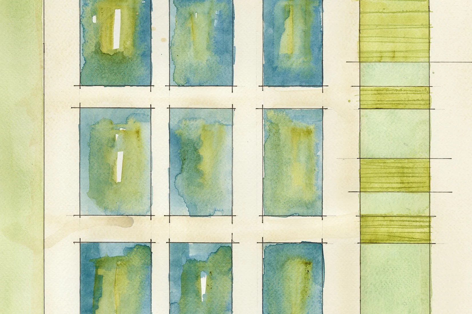 Watercolor illustration of a grid of 12 rectangular panels with abstract green and blue watercolor shapes, and a side column of yellow-green horizontal lines.