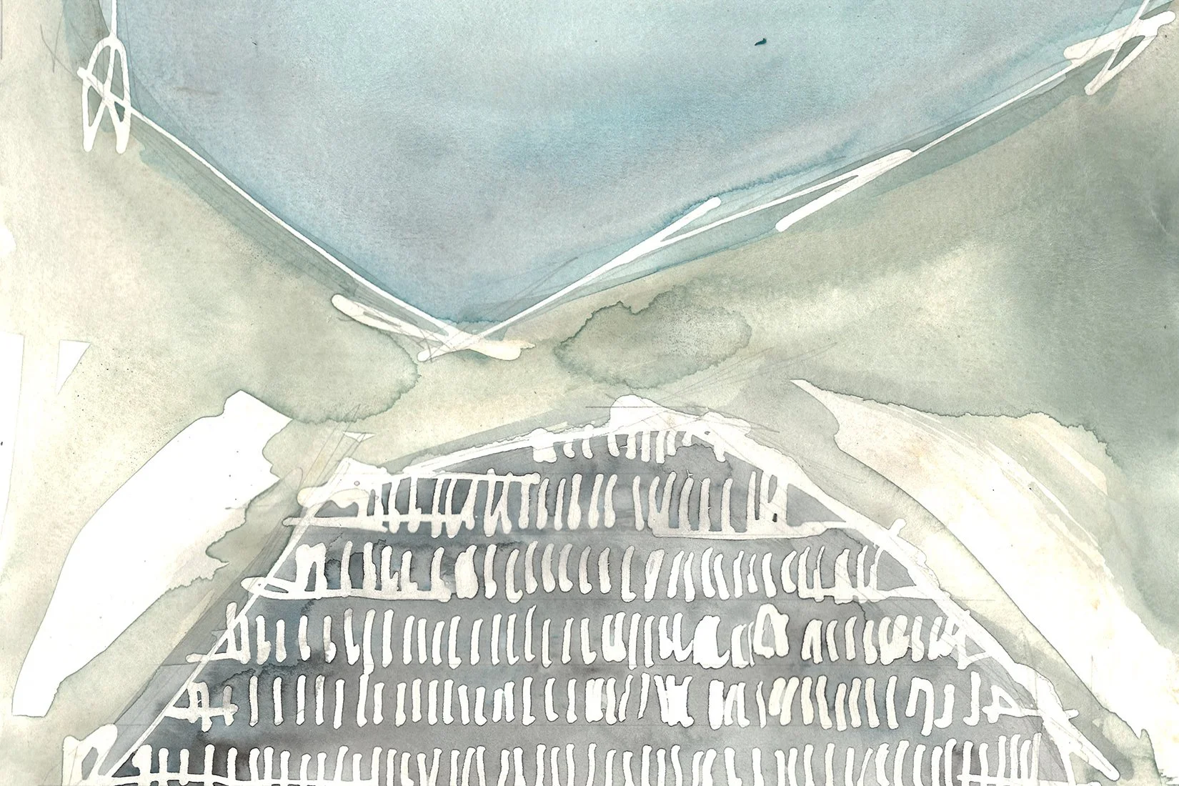 A watercolor illustration showing a curved bridge with a lattice-style design underneath a cloudy sky.