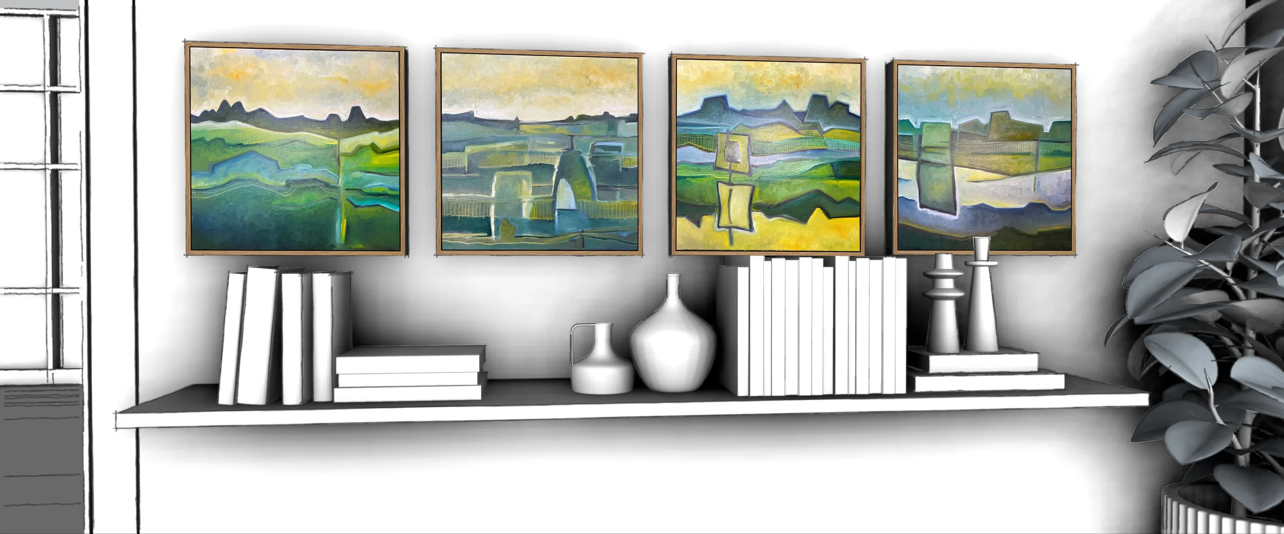 A modern indoor space with a white wall featuring four colorful abstract landscape paintings in wooden frames. Below the paintings, there is a black shelf holding decorative books, vases, and candlesticks. To the left, a large window with black framing, and to the right, a potted plant with broad leaves.