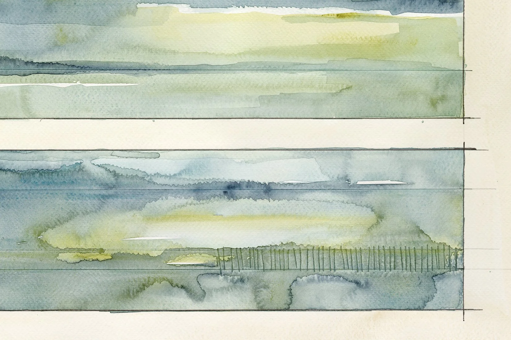 Watercolor painting of horizontal landscape layers in shades of green, blue, and gray, with minimal line details and a faint fence in the lower-right area.