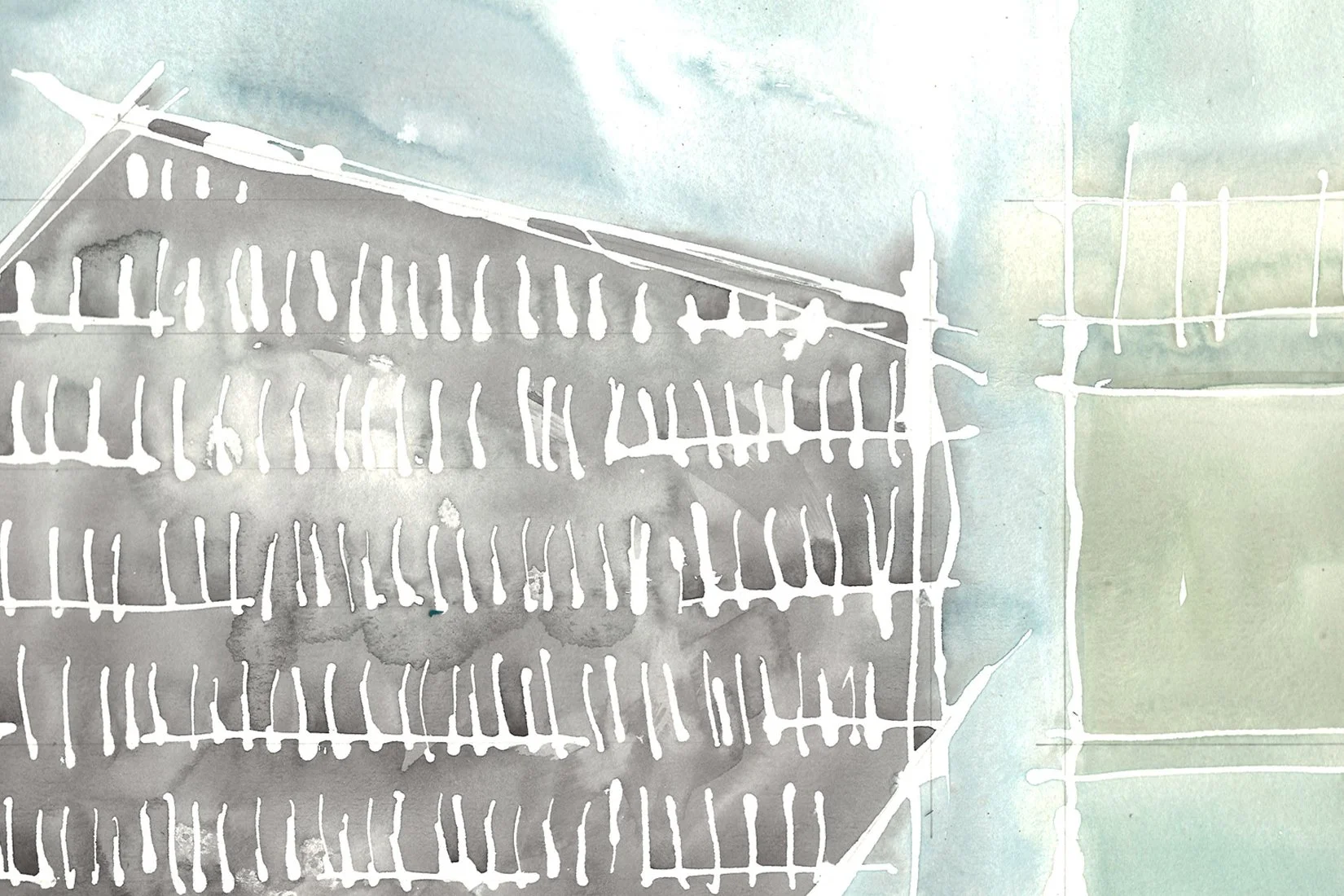 An abstract watercolor painting of a wire rack or shelf with a pastel-colored sky in the background.