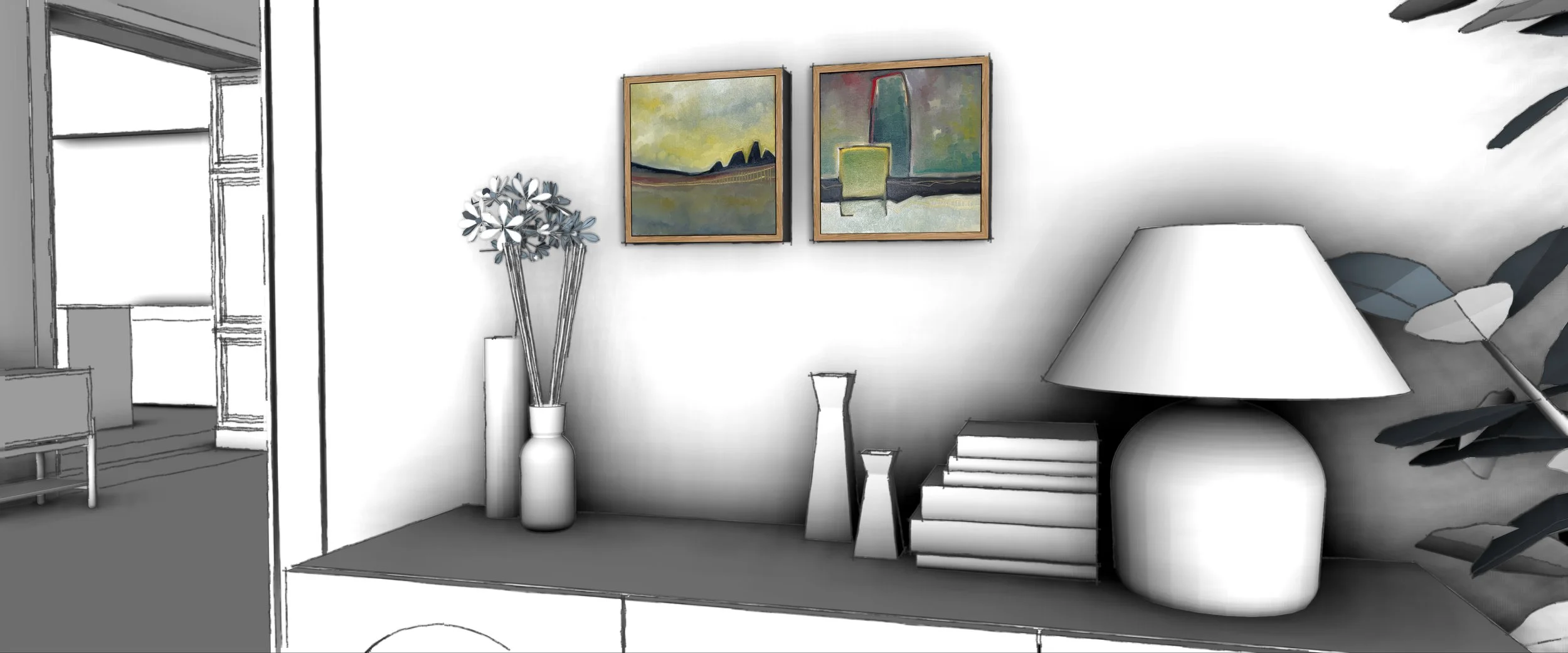 Interior of a living space with decor items on a shelf, including a large white vase with branches and multiple smaller vases, a stack of books, a white table lamp, a houseplant, and two framed paintings on the wall.