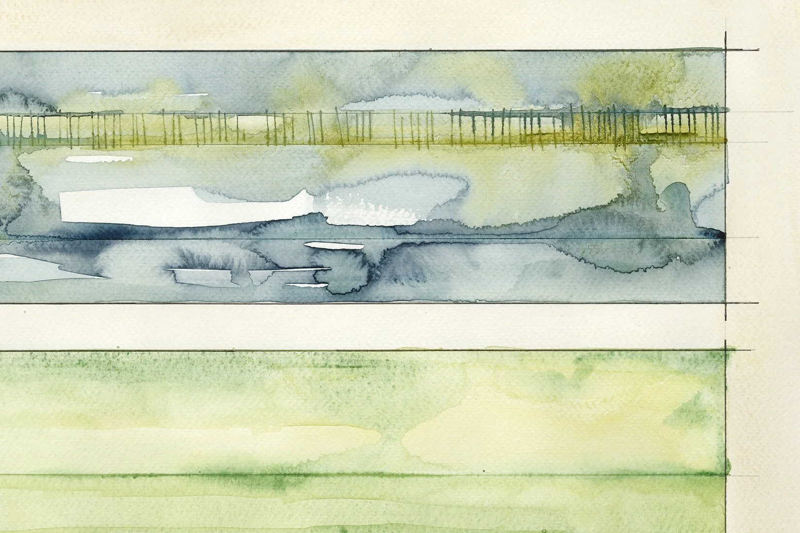 Watercolor painting of a landscape with a fence, cloudy sky, and fields in soft greens, blues, and yellows.