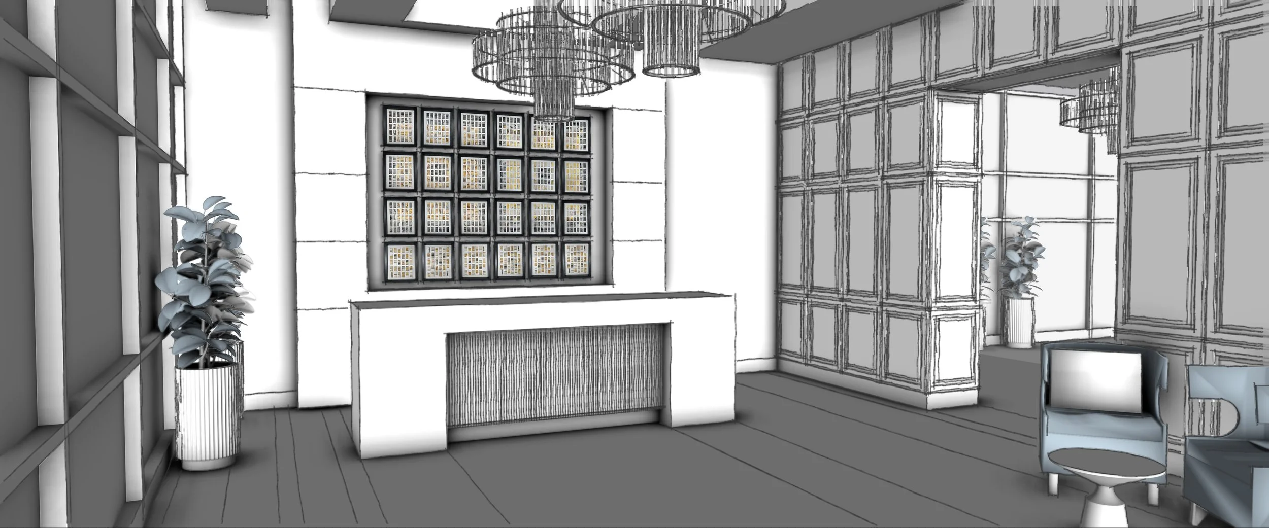 A modern living room with a white and gray color scheme, featuring a large window with stained glass, a decorative fireplace, a tall potted plant, and a gray armchair.