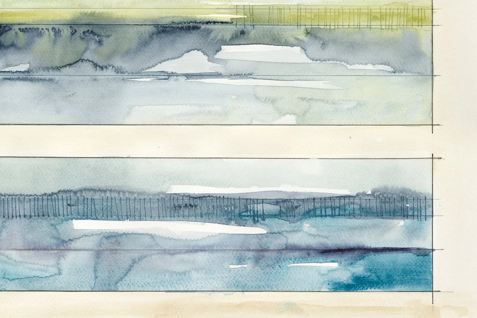 Watercolor painting of a landscape with a cloudy sky, a distant tree line, and a fence, using shades of blue, gray, and green.