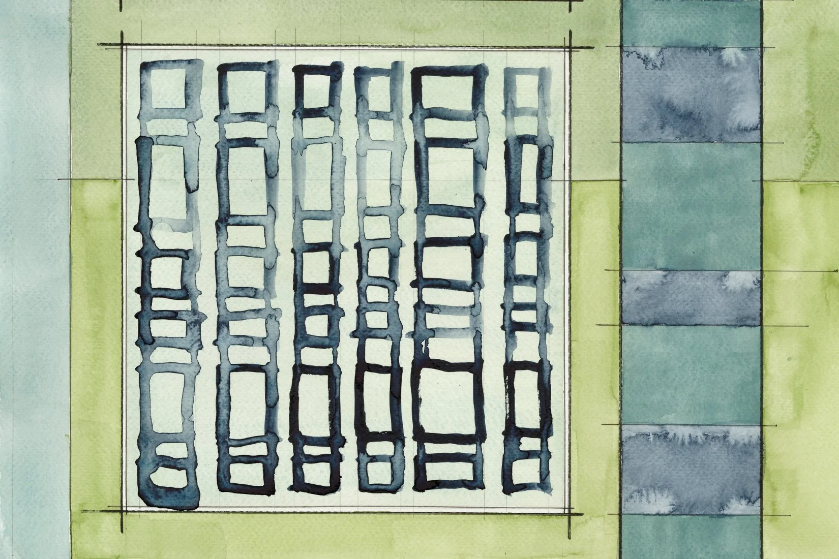 A watercolor sketch of a building with a large grid of rectangular windows and architectural details, surrounded by green and blue hues.