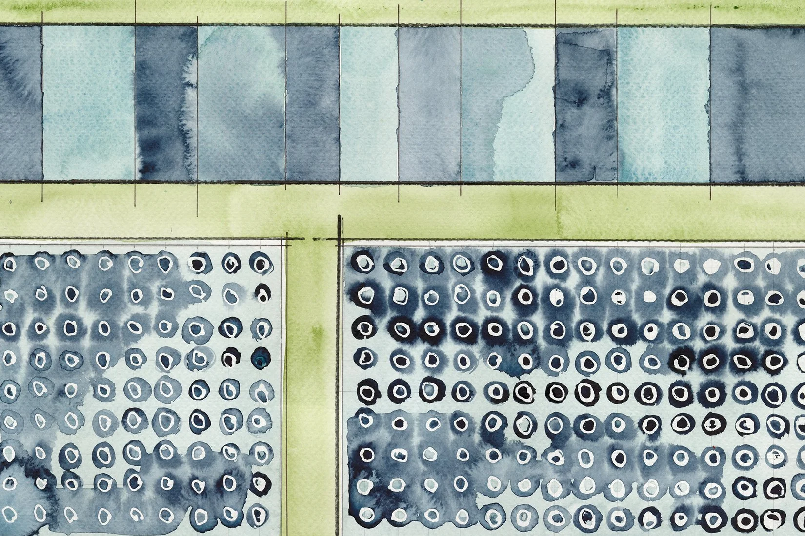 A watercolor map showing a grid layout with a top section of blue buildings and middle and bottom sections of two gray areas with circular patterns, separated by green pathways.