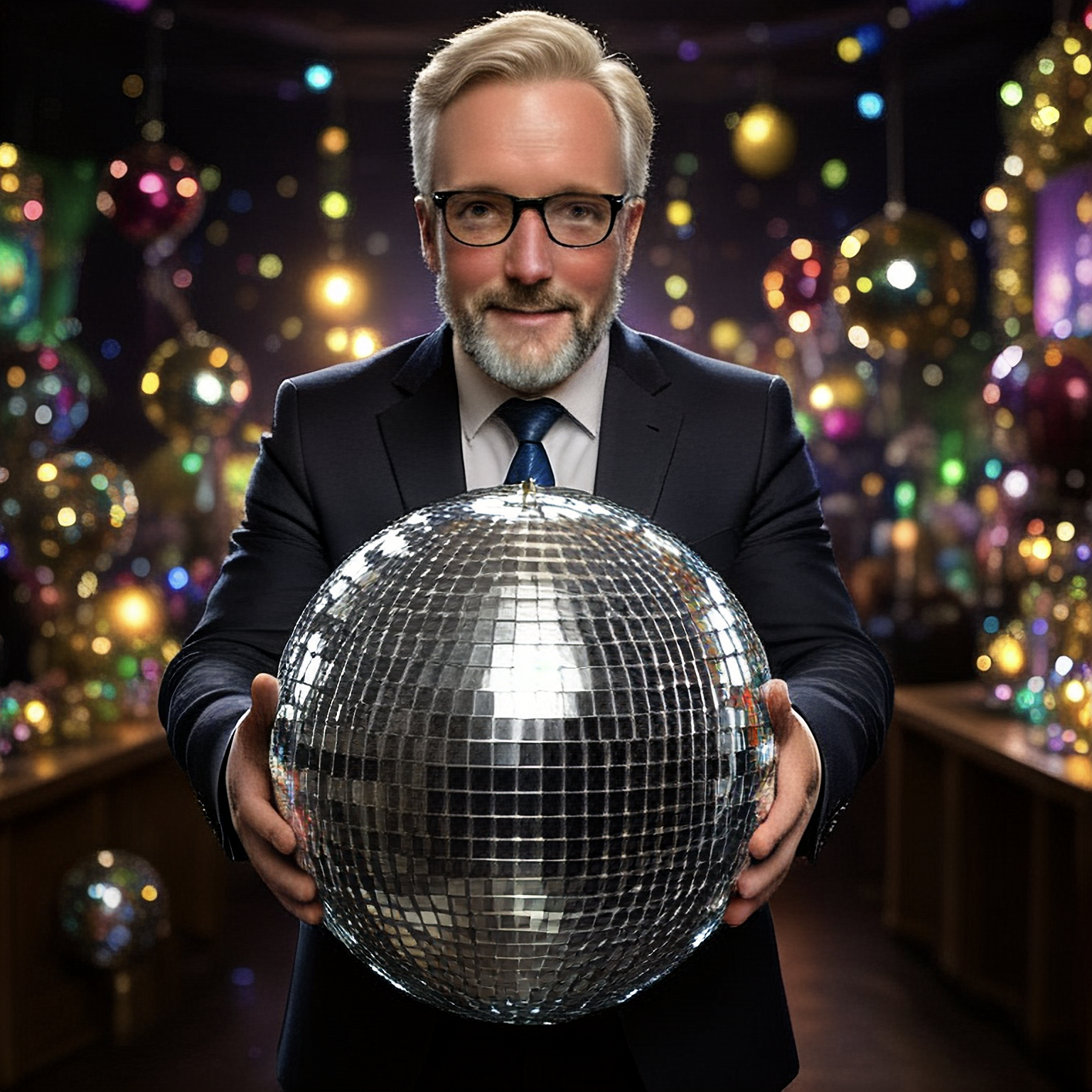 En man i kostym och glasögon håller i en stor discokula, omgivet av juldekorationer och färgglada ljus.