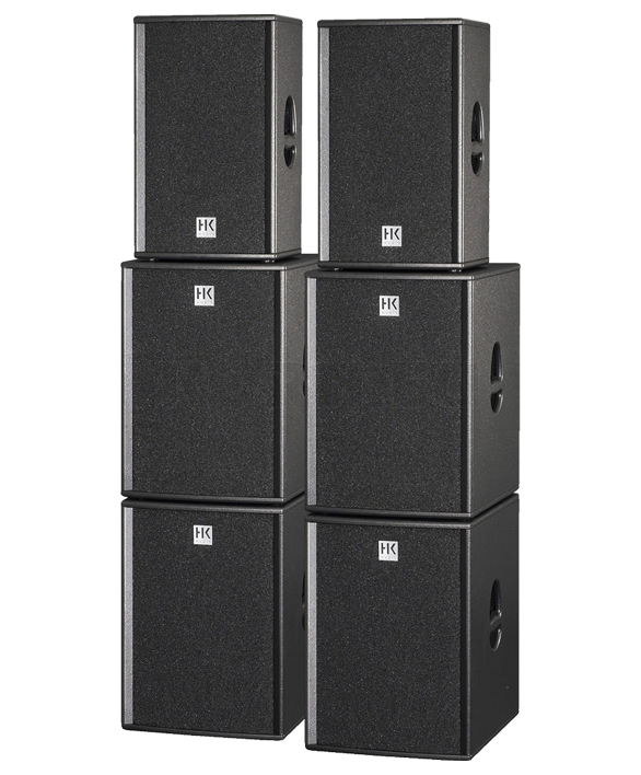Sex svarta högtalare staplade i tre kolumner, varje med tre högtalare, märkta med HK-loggan.