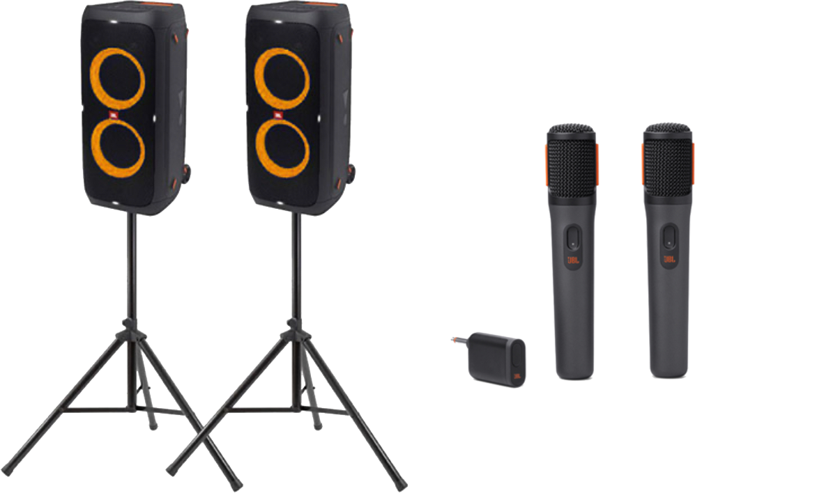 Mobila högtalare med två stativ, två trådlösa mikrofoner och en laddare.