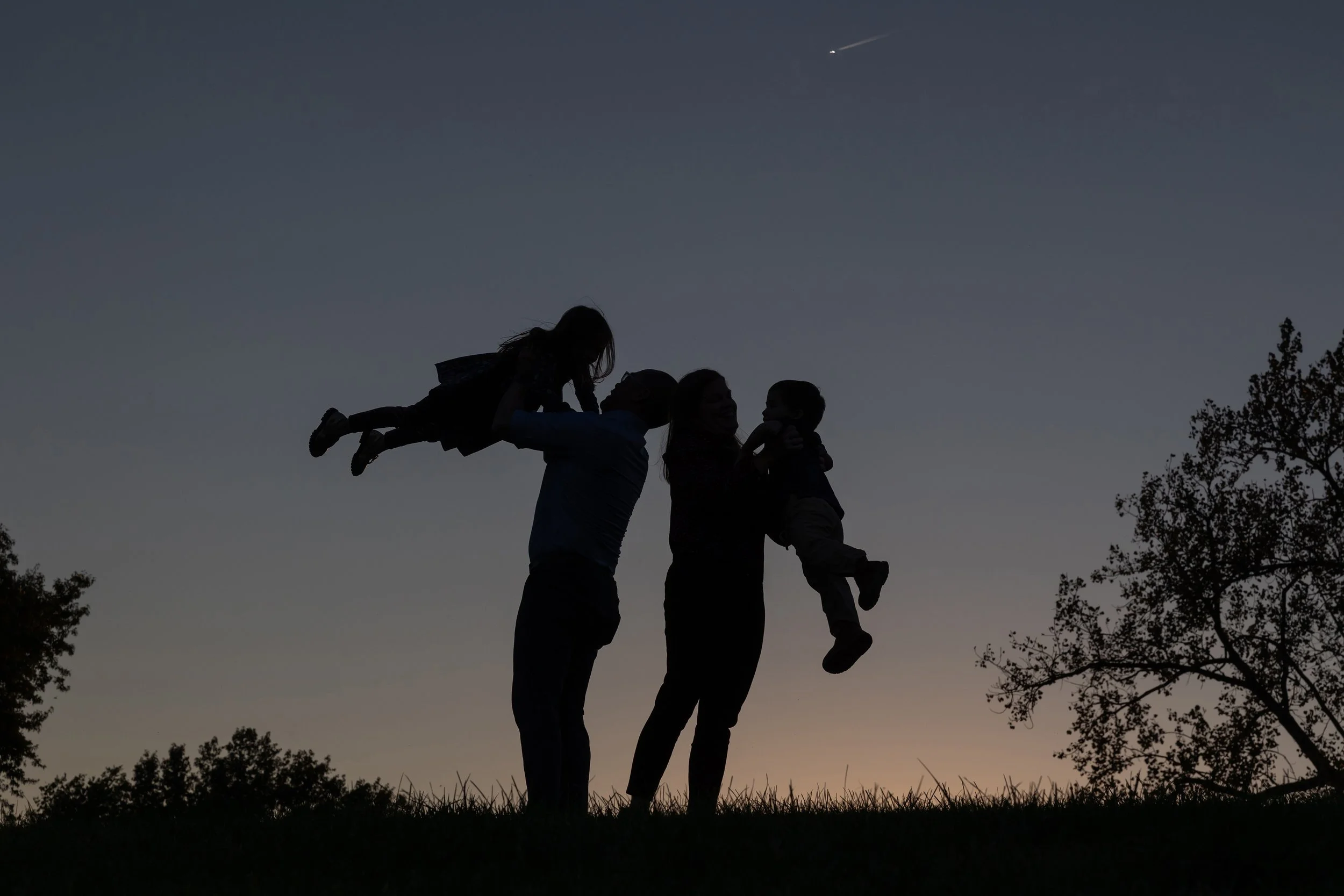 Silhouetted family enjoying time outdoors at sunset, with two adults and two children. One child is being lifted into the air while the other is lying horizontally on one adult's back. The sky is darkened with the last light of the day, and trees are