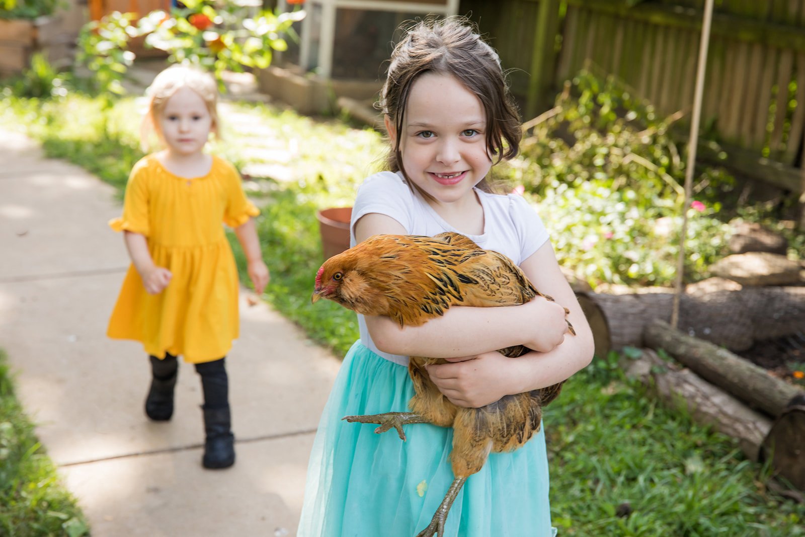A young girl with brown hair wearing a white shirt and a turquoise skirt, smiling and holding a chicken in her arms outside on a sunny day. In the background, a girl with blonde hair wearing a yellow dress and black boots walking on a path in a garde