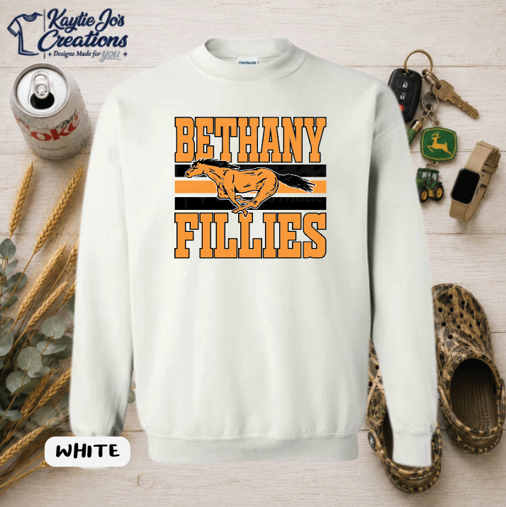 Bethany Flying Fillies basketball design on white crewneck sweatshirt