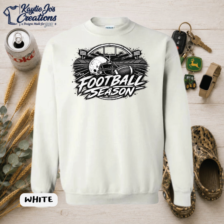 Football season distressed game day design on white crewneck sweatshirt