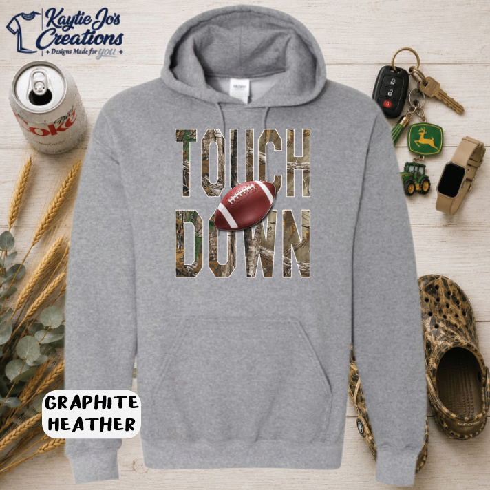 Football touchdown design on graphite heather hoodie