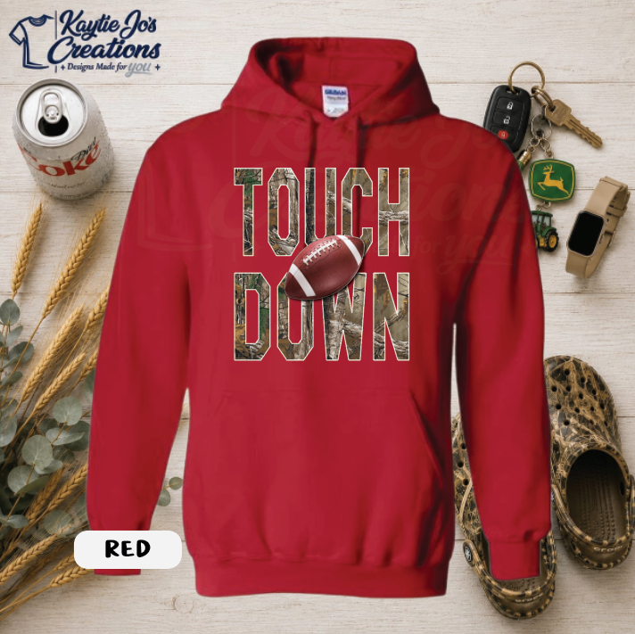 Football touchdown design on red hoodie
