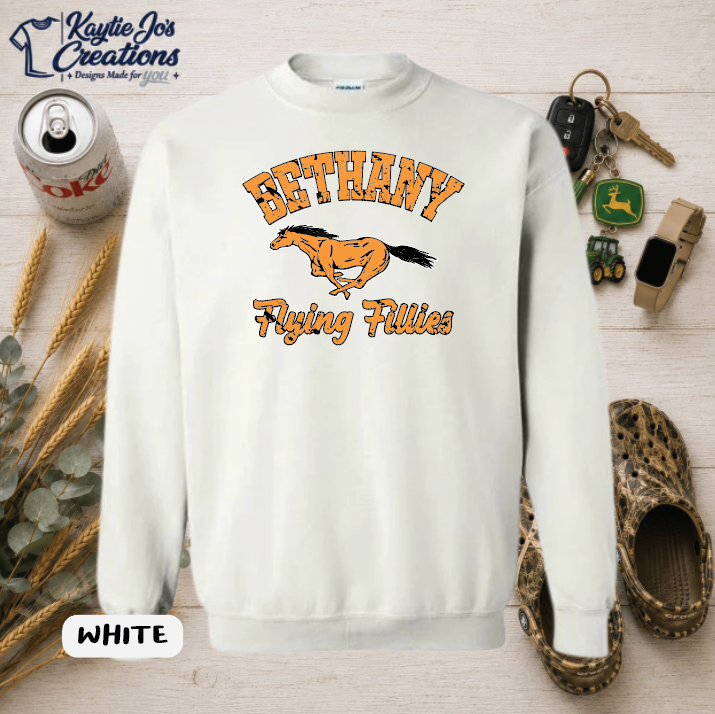 Bethany Flying Fillies vintage horse mascot design on white crewneck sweatshirt