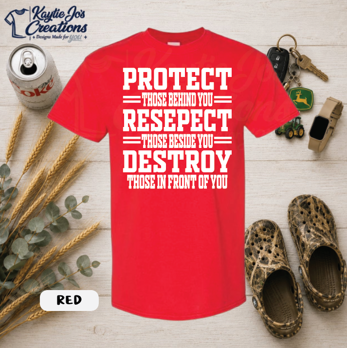 Football protect respect destroy game day design on red T-shirt