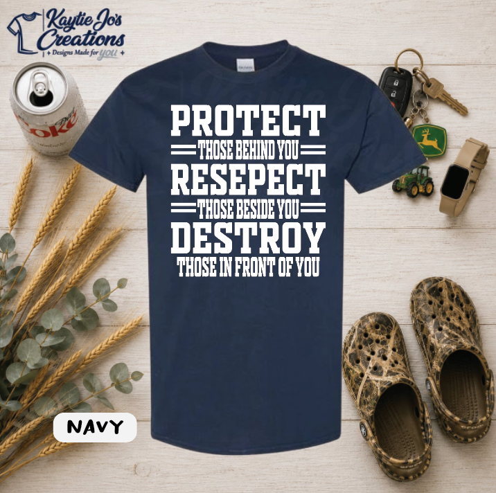 Football protect respect destroy game day design on navy T-shirt