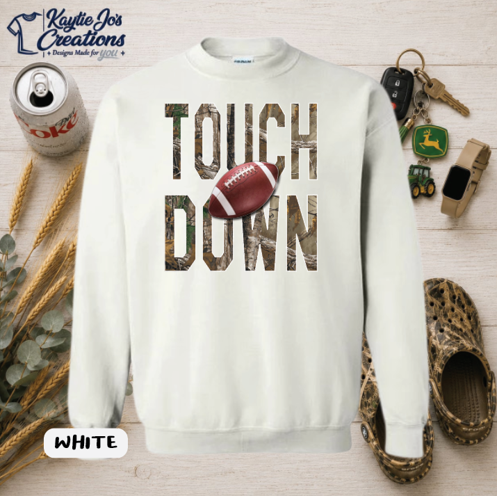 Football touchdown design on white crewneck sweatshirt