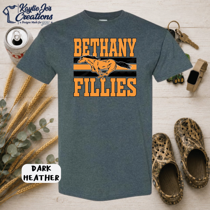 Bethany Flying Fillies basketball design on dark heather T-shirt