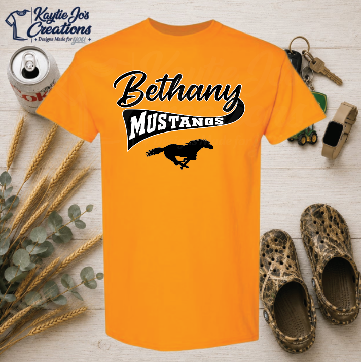 Bethany Mustangs vintage script design on gold T-shirt
