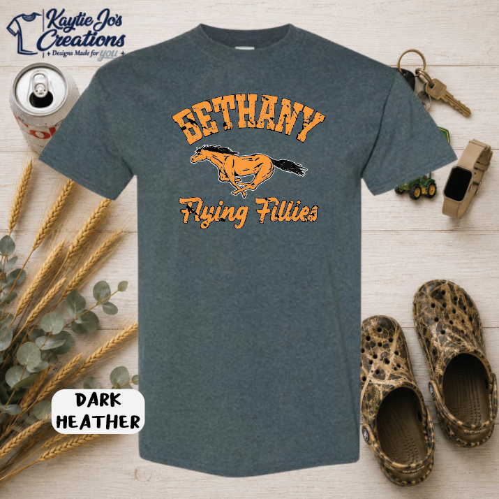 Bethany Flying Fillies vintage horse mascot design on dark heather T-shirt