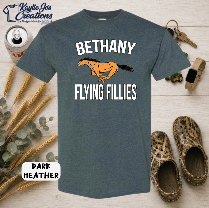 Bethany Flying Fillies horse mascot design on dark heather T-shirt