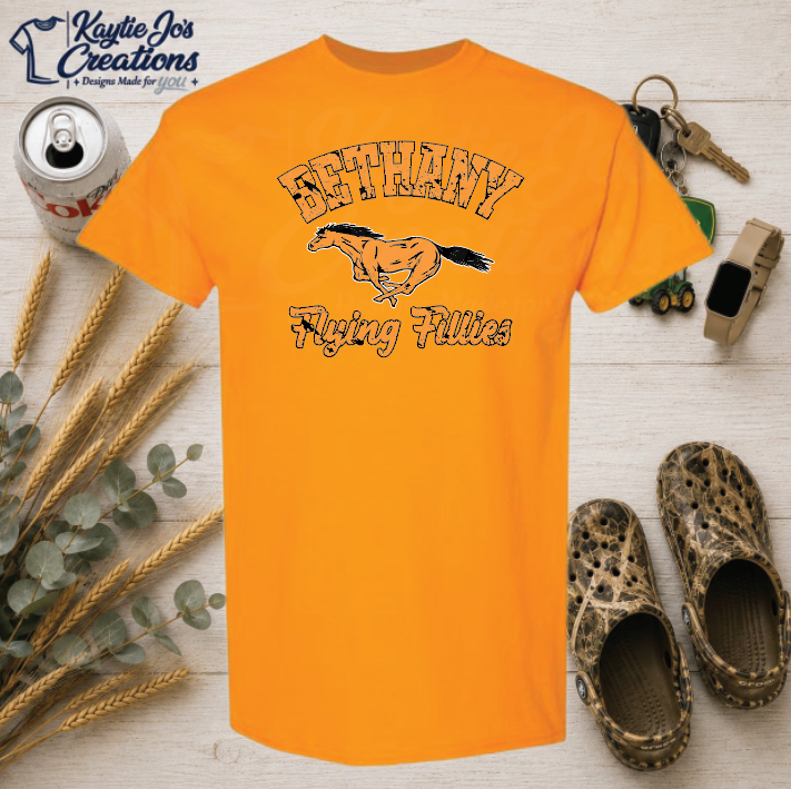Bethany Flying Fillies vintage horse mascot design on gold T-shirt