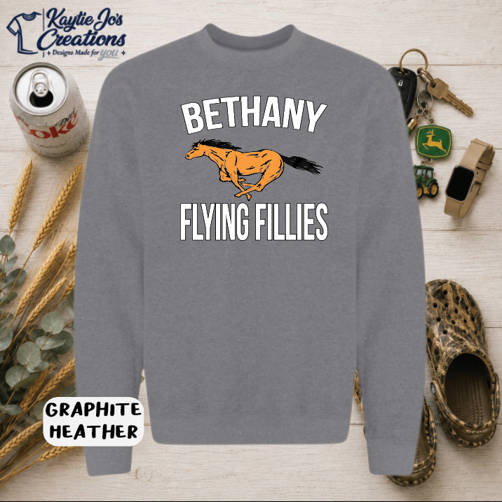 Bethany Flying Fillies horse mascot design on graphite heather crewneck sweatshirt