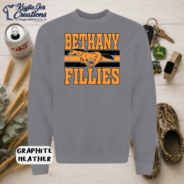 Bethany Flying Fillies basketball design on graphite heather crewneck sweatshirt
