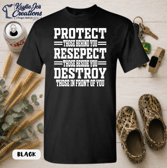 Football protect respect destroy game day design on black T-shirt