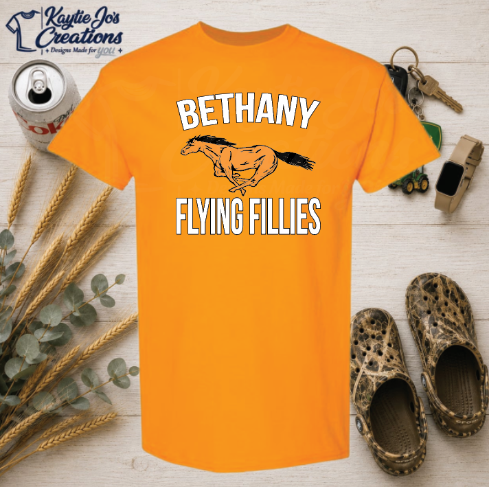 Bethany Flying Fillies horse mascot design on gold T-shirt