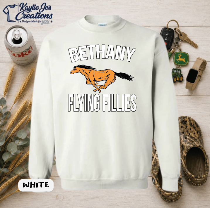Bethany Flying Fillies horse mascot design on white crewneck sweatshirt