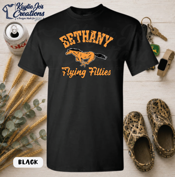 Bethany Flying Fillies vintage horse mascot design on black T-shirt