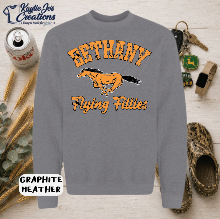 Bethany Flying Fillies vintage horse mascot design on graphite heather crewneck sweatshirt