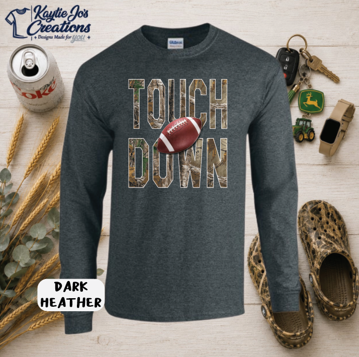Football touchdown design on dark heather long sleeve shirt