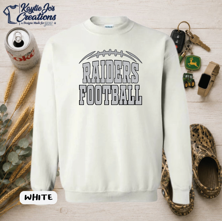 CAM OV Raiders Football design on white crewneck sweatshirt